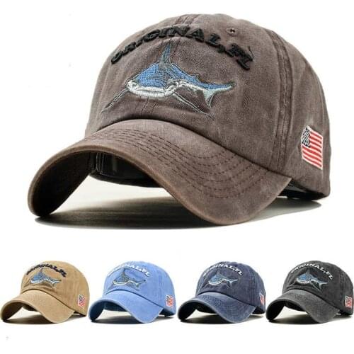 Vintage Washed Denim Cap Embroidered Shark Baseball Caps Men Outdoor Fishing Cap Cotton Casual Female Hat