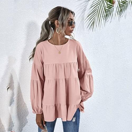 40# Ruffle Vintage Blouses Womens Casual Long Lantern Sleeve Solid Color Shirts O-neck Pullover Tops Blusas Mujer De Moda 2021