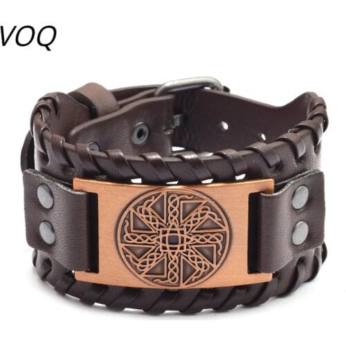 VOQ Men Punk Wristband Irish Knot Amulet Leather Bracelet Handmade Weave Adjustable Bangle Nordic Viking Jewelry