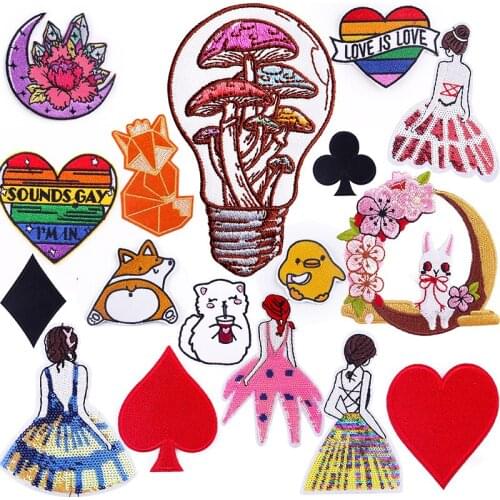 Embroidered Patches For Clothing Portrait Flowers Stripes Iron On Patches Cute Cat Animal Stickers Mushroom Patch DIY Decoration