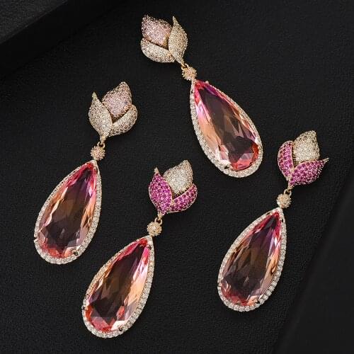 Rose Flower Charms Waterdrop Earrings for Women Wedding Cubic Zircon Dubai Bridal Drop Earring Wedding Party Accessories