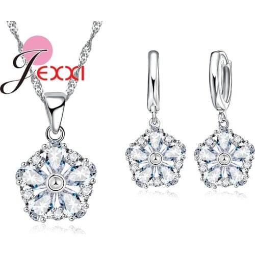 Fashion Luxury Crytal Bridal Jewellery Set For Women Wedding 925 Sterling Silver Pendants Necklaces Hoop Earrings Set