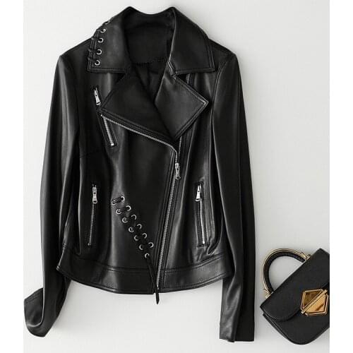 Lace Up Female Real Short Coat Motorcycle Black Slim Genuine Leather Jacket Women Autumn Winter Warm Sheepskin Outwear