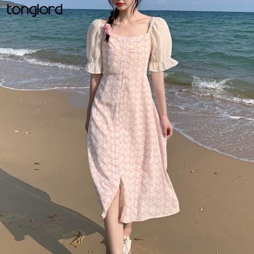 Summer Single-Breasted T-shirts Holidays Midi Dress Women Puff Sleeve Square Collar A-Line Dress Elegant Beach Female Vestidos