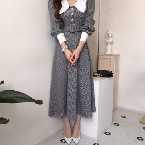 Autumn Women Vintage Long Sleeve Casual Mid-calf Dress Elegant Plaid Femme Party Vestidos With Sashes