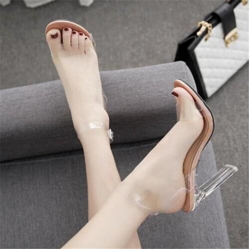 2020 Concise Fashion PVC Woman Sandals Transparent Sandals Round Toe 11CM Thick High heels Buckle Strap women shoes size 35-42