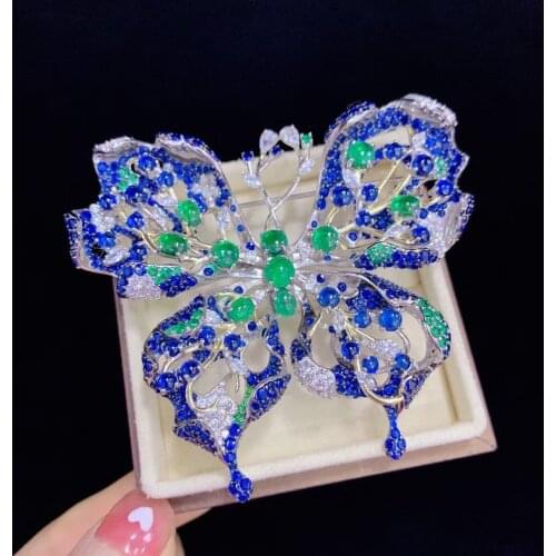 Big butterfly brooch insect 925 sterling silver with cubic zircon blue green color mixed fine women jewelry free shipping