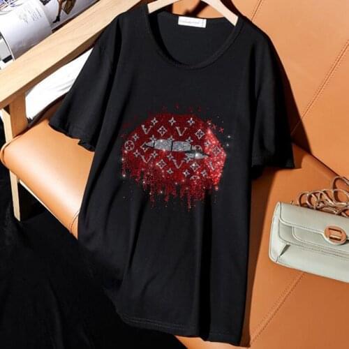 Large Size Hot Driliing Short Sleeve T-Shirt Summer New Black O-Neck Fashion Lip Diamond Tees