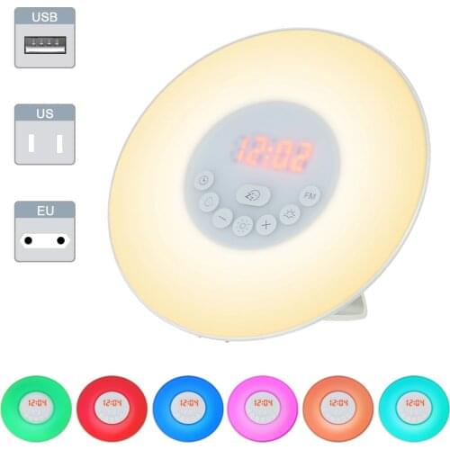 Wake Up Light Alarm Clock Sunrise/Sunset Simulation Digital Clock 7Colors Light Sounds Snooze Function Touch Control FM Radio