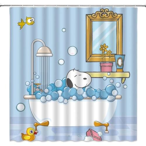 Bathing Dog Decoration Series, Playful Dog Bathing In Bathtub Bath Time Beauty Polyester Fabric Bathroom Shower Curtain