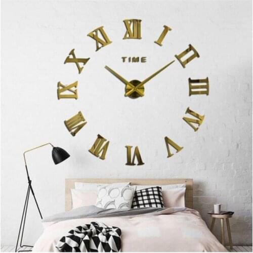 Decorative 3d Wall Clock gold color Plexiglass wood Mirror Roman Digit Big size can be pasted battery operated bright home decoration
