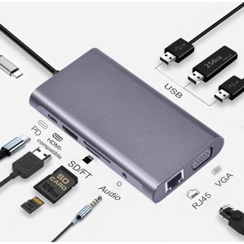 Basix Type-C Hub Docking Station 10/11 in 1 Multi USB 3.0 Type-C to RJ45 HDMI-Compatible VGA PD USB TF Micro-SD for MacBook Pro