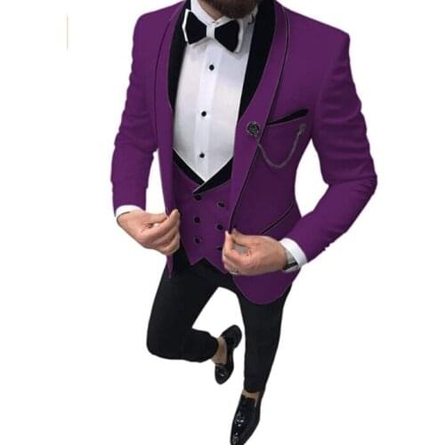 Purple 3 Piece Suits Fashion New Mens Casual Boutique Business Suit Male Wedding Groom Dress Best Man Blazer (Jacket+Pants+Vest)
