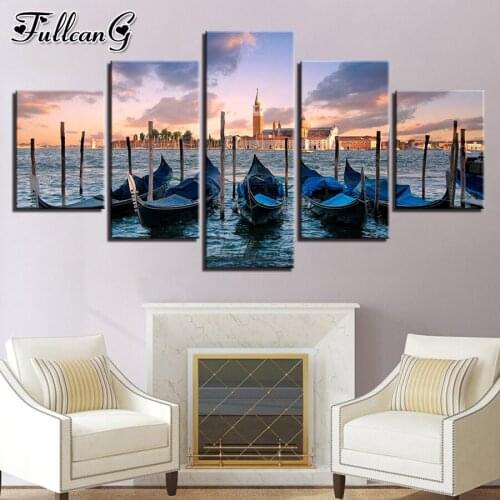 FULLCANG Sunset fishing boat 5 piece diy diamond painting full square round drill mosaic embroidery sale wall decoration FG0204