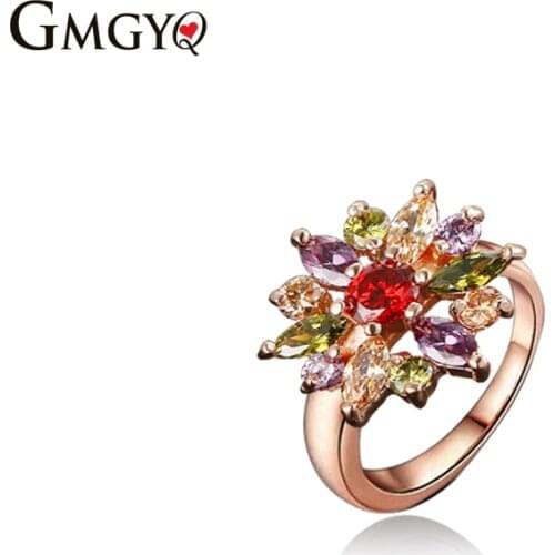 GMGYQ High Quality Rose Gold Colorful Multicolor Cubic Zirconia Ring Jewelry Gifts For Women Party Accessories Size #6 7 8 9