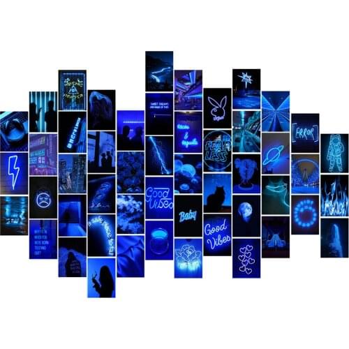 50pcs Blue Neon Style Wall Collage Aesthetic Art Postcards Kit Lightning Dark Rose Flowers Painting Teen Bedroom Dorm Decoration