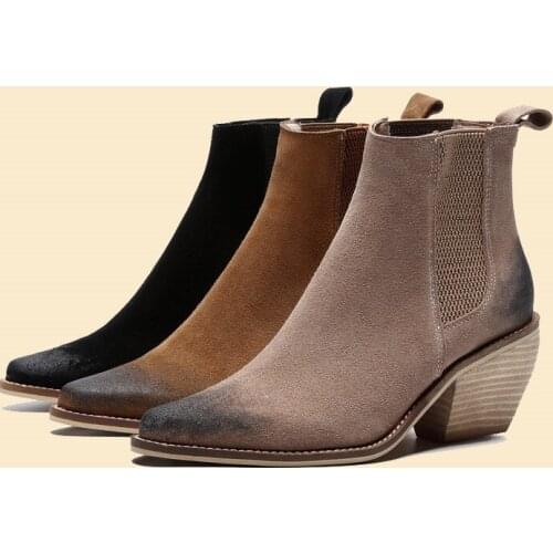 Autumn Women Shoes 2020 New British Style Women Shoes Gradient Solid Pointed Mid-heel Elastic Plus Size Suede Women Short Boots