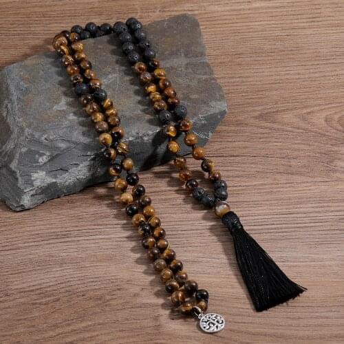 OAIITE JapaMala Necklace, 8mm Tigers Eye, Hematite, JapaMala Necklace, Black Onyx Buddhist Mala Prayer Bead Necklace Men