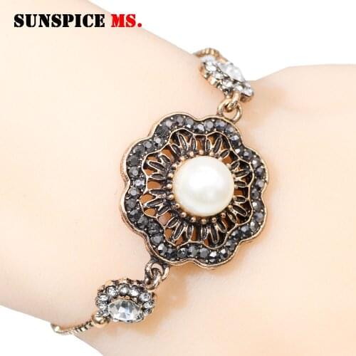 SUNSPICE MS Vintage Bead Sliding Bracelet With Rhinestone Antique Gold Color Turkey Dubai Wedding Jewelry Adjustable Metal Chain