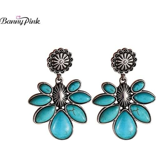 Banny Pink Bohemia Flower Turquoises Earrings For Women Ethnic Natural Stone Earring Vintage Hollow Metal Jewelry