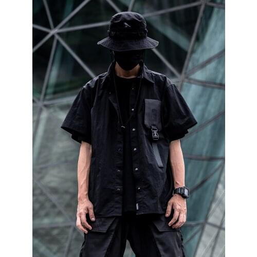 Short-sleeved Shirt Thin Summer Wild Loose Casual Tooling Stitchin Male Tide Brand Black New National Tide Pure Color Waterproof