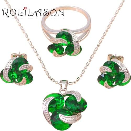 Filled Earring Necklace Fashion Jewelry Set Ring Peridot Crystal Health Nickel & Lead free Sz #6.5 #7 #7.5 #8 #9 JS277