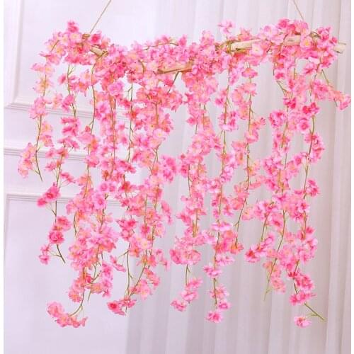 180cm Silk Sakura Cherry Blossom Vine Artificial DIY Rattan Garland Flowers Ivy Wall Hanging Party Home Garden Decoration
