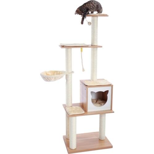 Cat Tree 5 Levels Modern Cat Tower Cat Sky Castle with 2 Cozy Condos, Luxury Perch and Interactive Spring Ball