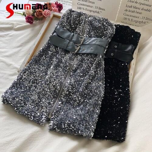 2021 Fall Women Clothing Korean Fashion Slim Waist Bling Glitter A- Line Zipper Midi Skirts Package Hip Short Skirts for Women