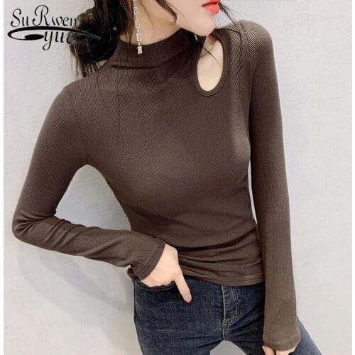 Sexy Autumn Women Tops Fashion Turtleneck Long Sleeve Shirt Women Solid Hollow Out Slim Tops Elegant Cotton Shirt 7303 50