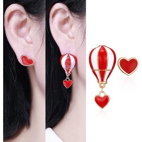 Red Color Asymmetric Enamel Balloon Heart Earrings For Women Romantic Hot air balloon Gift Jewelry