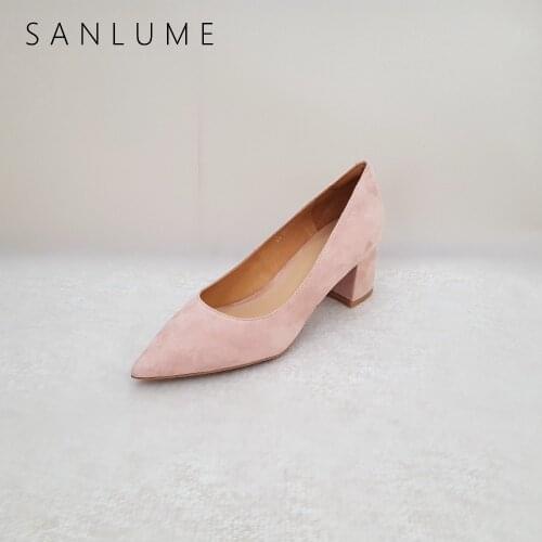 SANLUME NEW 5.5 CM Autumn Pink Suede Genuine leather Chunky Pumps Women Office Shoes Woman Sweet High Heels Slip On Pointed Toe