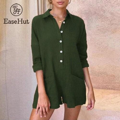 EaseHut 2020 Summer Overalls for Ladies Turn Down Collar Dropped Shoulder Long Sleeve Playsuit Casual Rompers Womens Jumpsuit