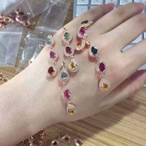 Natural multicolor tourmaline pendant S925 silver Natural gemstone Pendant Necklace trendy water drop array women party jewelry