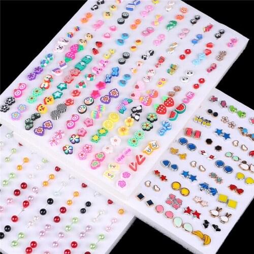 100 Pairs Women Acrylic Crystal Small Stud Earrings Sets Girl Child Heart Star Animal Moon Crown Earring Jewelry