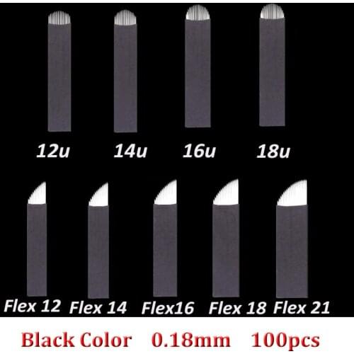 100pcs Lamina Tebori Flex Microblading 12/14/16/18 U Shape 0.18mm Tattoo Needles for Permanente Makeup Eyebrow Blades Manual Pen