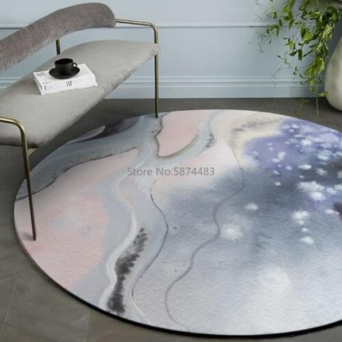 200cm Abstract Fashion Modern Fantasy Watercolor Pink Purple Blue Ink Mountain Sweet Round Carpet Non-slip Mat