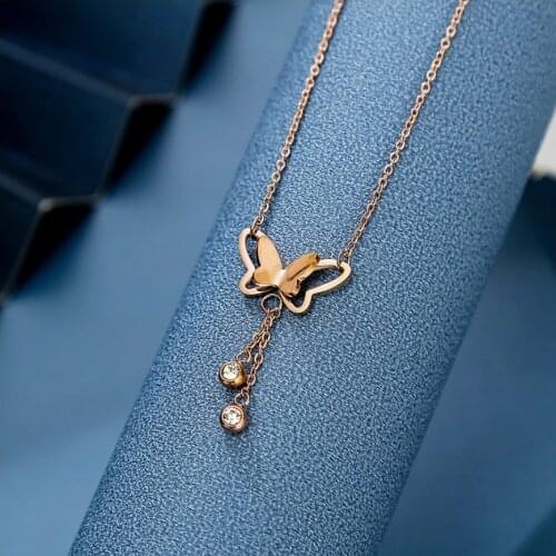 316L Stainless Steel Fashion Fine Jewelry Hollow 2-layer Flying Butterfly Charms Chain Zircon Pendant Choker Necklaces For Women