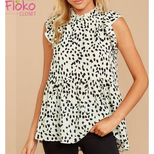 Flokocloset Leopard Print Blouse Foe Women Sleeveless Casual Loose Ruffles Blouse 2021 Elegant Summer Office Ladies Tops