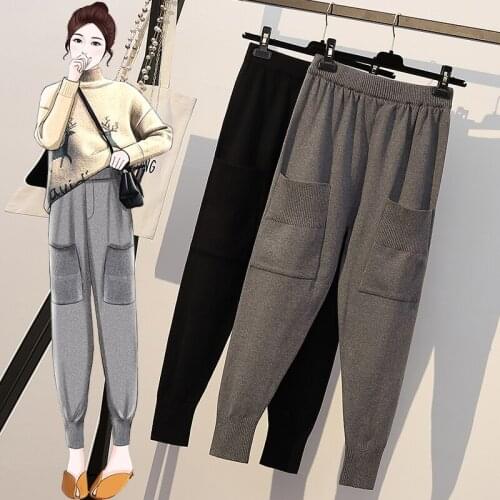 Black Grey Cotton Knitted Plus Large Size Oversize Korean Vintage Clothes WomenS High Waist Trousers Fashion Pants For Girls