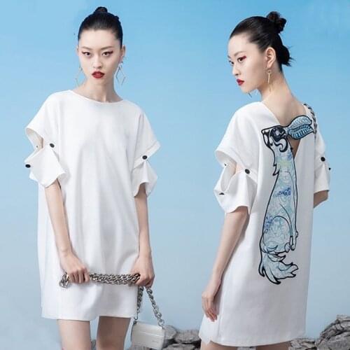 Short Sleeve Cotton T-shirt Mid-length Modern Style Summer New Fashion White Embroidery Dress
