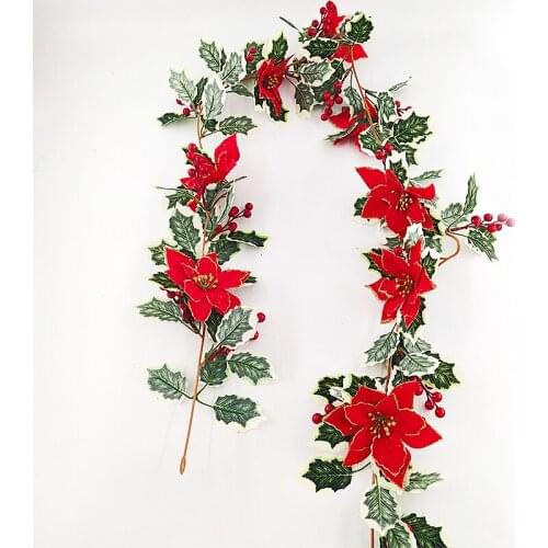 Artificial Flower Garland Festival Home Decoration Red Poinsettia And Green Leaf Rattan For Christmas New Year Decor
