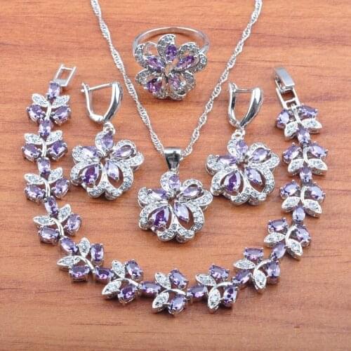 Russian style Wedding Silver Color Jewelry Set Natural Purple Crystal For Women Earrings Necklace Pendant Rings Bracelet JS0533
