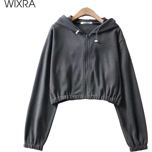 Wixra Womens 100%Cotton Zip Up Sweatshirts Autumn Spring Solid High Street Loose Hooded Short Tops Casual Clothing