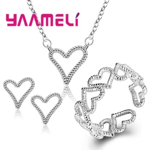 3pcs Cute Lovely Hollow Heart Shaped Neclace Earrings Sets Simple 925 Sterling Silver Jewelry Sets for Women Anniversary