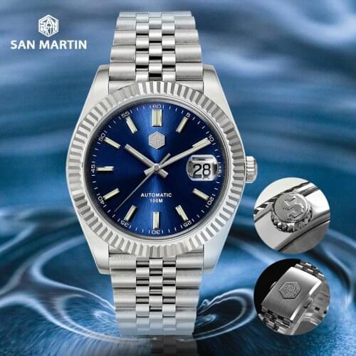 San Martin Men Dress Watch Jubilee Bracelet Retro Luxury Automatic Mechanical Watches Sapphire 100M Waterproof Blue Dial Watch