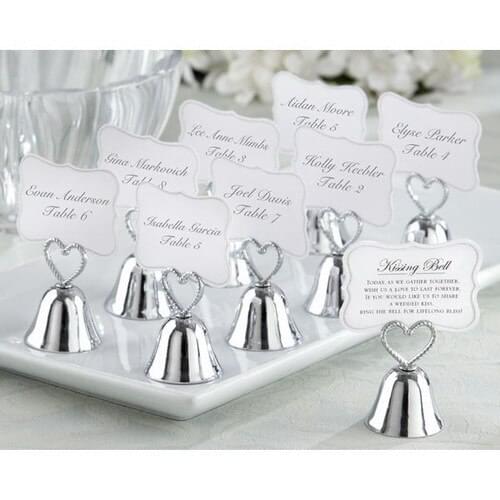 Small Wholesales+Charming Chrome Bell Place Card/Photo Holder with Dangling Heart Charm Wedding Favor+80pcs/LOT+FREE SHIPPING