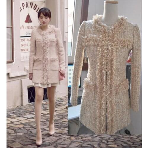 Wool New Powder Tweed GOLD SEQUIN chain brushed long wool coat can customized big size