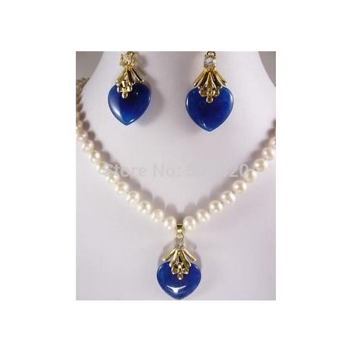 Wholesale >>white pearl Blue jade Pendant necklace earring set