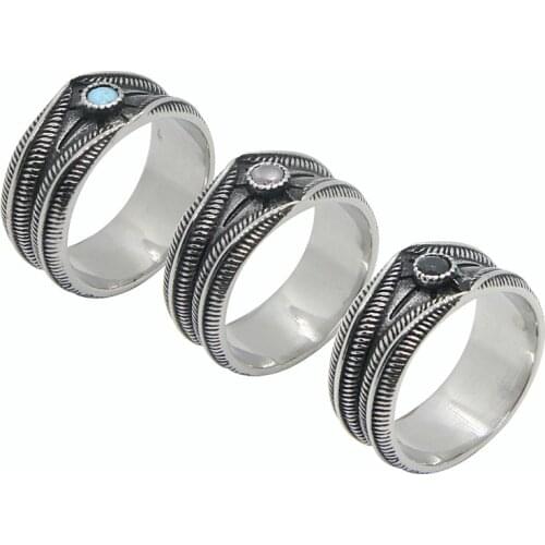 Drop Ship Mini Band Feather Ring With 3 colors Stone 316L Stainless Steel Special Men Ladies Feather Ring